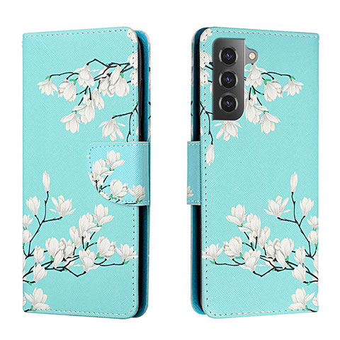 Custodia Portafoglio In Pelle Fantasia Modello Cover con Supporto H02X per Samsung Galaxy S22 Plus 5G Ciano