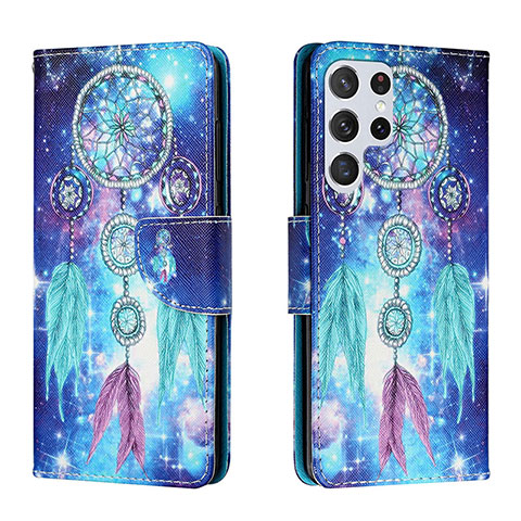 Custodia Portafoglio In Pelle Fantasia Modello Cover con Supporto H02X per Samsung Galaxy S22 Ultra 5G Blu