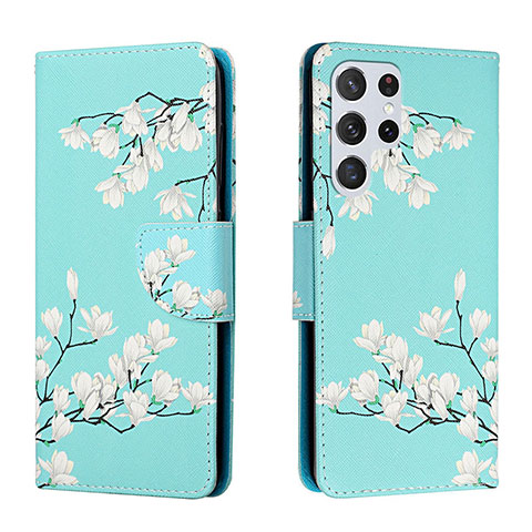 Custodia Portafoglio In Pelle Fantasia Modello Cover con Supporto H02X per Samsung Galaxy S22 Ultra 5G Ciano