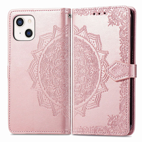 Custodia Portafoglio In Pelle Fantasia Modello Cover con Supporto H05 per Apple iPhone 15 Plus Oro Rosa