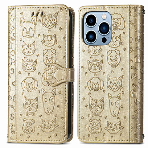 Custodia Portafoglio In Pelle Fantasia Modello Cover con Supporto H12 per Apple iPhone 14 Pro Max Oro