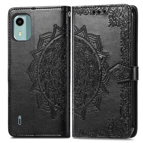 Custodia Portafoglio In Pelle Fantasia Modello Cover con Supporto per Nokia C12 Pro Nero