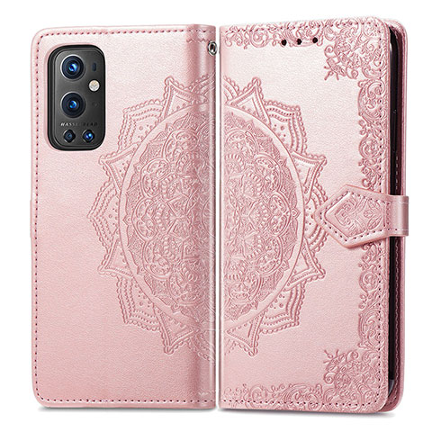 Custodia Portafoglio In Pelle Fantasia Modello Cover con Supporto per OnePlus 9 Pro 5G Oro Rosa