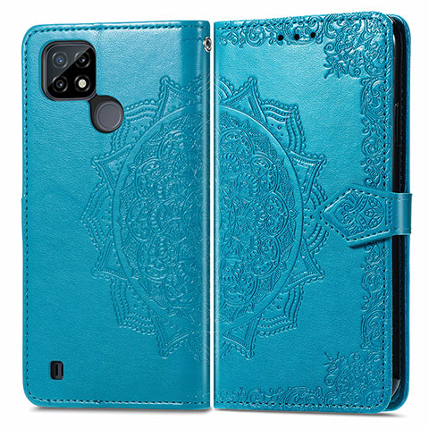 Custodia Portafoglio In Pelle Fantasia Modello Cover con Supporto per Realme C21 Blu