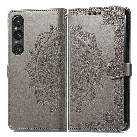 Custodia Portafoglio In Pelle Fantasia Modello Cover con Supporto per Sony Xperia 1 V Grigio