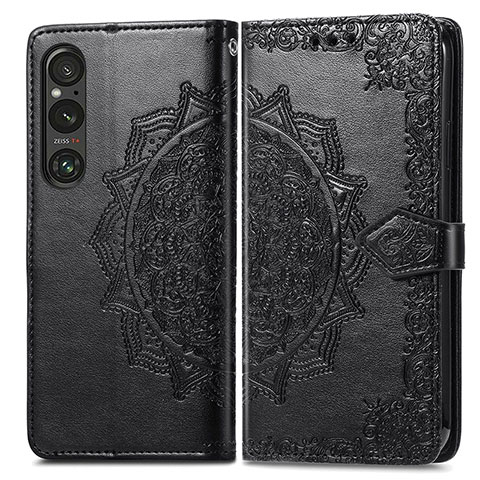 Custodia Portafoglio In Pelle Fantasia Modello Cover con Supporto per Sony Xperia 1 V Nero