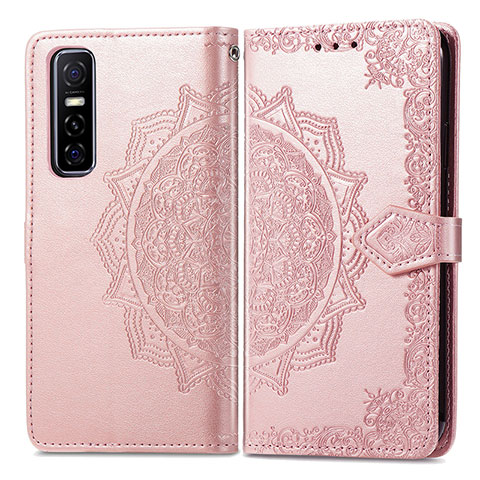 Custodia Portafoglio In Pelle Fantasia Modello Cover con Supporto per Vivo Y73s 5G Oro Rosa