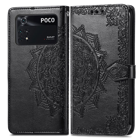 Custodia Portafoglio In Pelle Fantasia Modello Cover con Supporto per Xiaomi Poco M4 Pro 4G Nero