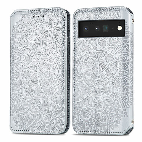 Custodia Portafoglio In Pelle Fantasia Modello Cover con Supporto S01D per Google Pixel 6 5G Argento