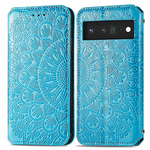 Custodia Portafoglio In Pelle Fantasia Modello Cover con Supporto S01D per Google Pixel 6 Pro 5G Blu