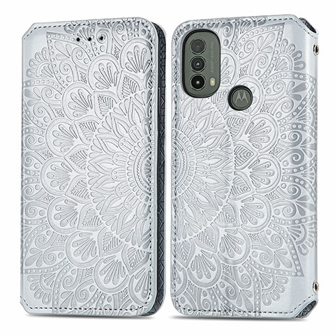 Custodia Portafoglio In Pelle Fantasia Modello Cover con Supporto S01D per Motorola Moto E30 Argento