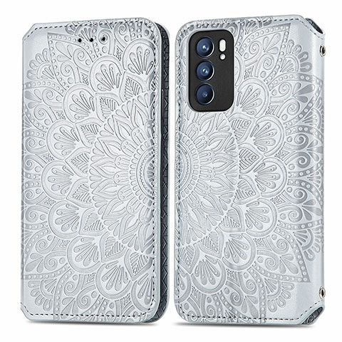 Custodia Portafoglio In Pelle Fantasia Modello Cover con Supporto S01D per Oppo Reno6 5G Argento