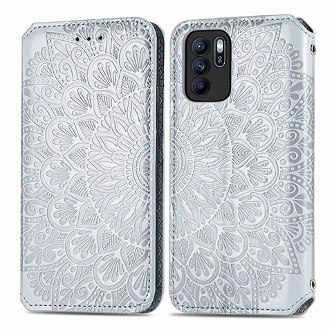 Custodia Portafoglio In Pelle Fantasia Modello Cover con Supporto S01D per Oppo Reno6 Z 5G Argento