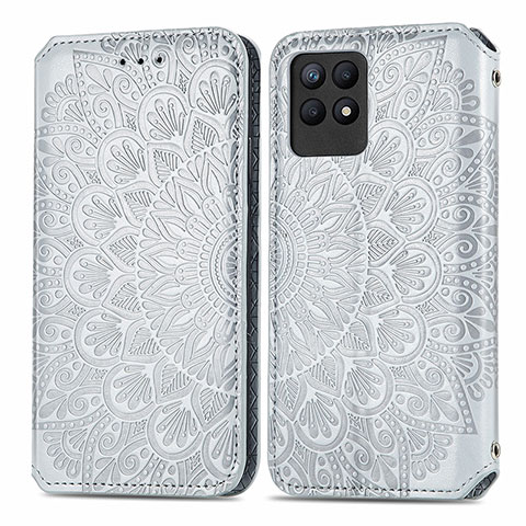 Custodia Portafoglio In Pelle Fantasia Modello Cover con Supporto S01D per Realme Narzo 50 4G Argento