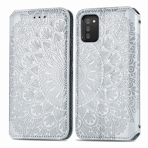 Custodia Portafoglio In Pelle Fantasia Modello Cover con Supporto S01D per Samsung Galaxy A02s Argento