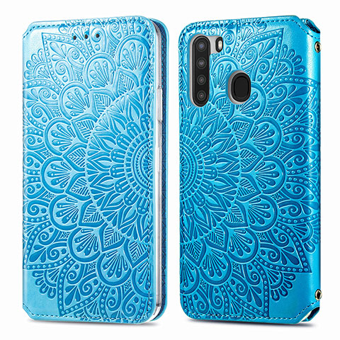 Custodia Portafoglio In Pelle Fantasia Modello Cover con Supporto S01D per Samsung Galaxy A21 Blu