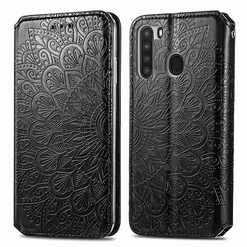 Custodia Portafoglio In Pelle Fantasia Modello Cover con Supporto S01D per Samsung Galaxy A21 Nero