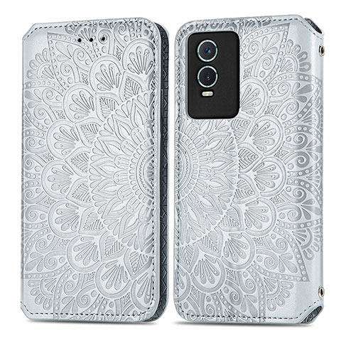 Custodia Portafoglio In Pelle Fantasia Modello Cover con Supporto S01D per Vivo Y76s 5G Argento