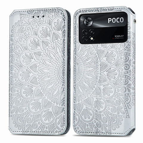 Custodia Portafoglio In Pelle Fantasia Modello Cover con Supporto S01D per Xiaomi Poco X4 Pro 5G Argento