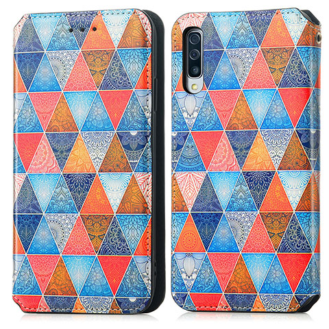 Custodia Portafoglio In Pelle Fantasia Modello Cover con Supporto S02D per Samsung Galaxy A50 Marrone