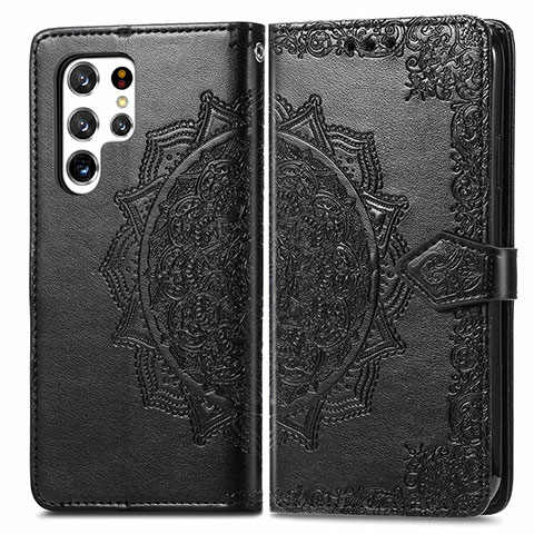 Custodia Portafoglio In Pelle Fantasia Modello Cover con Supporto S02D per Samsung Galaxy S22 Ultra 5G Nero