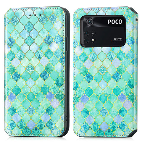 Custodia Portafoglio In Pelle Fantasia Modello Cover con Supporto S02D per Xiaomi Poco M4 Pro 4G Verde