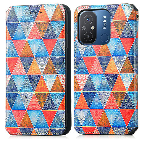 Custodia Portafoglio In Pelle Fantasia Modello Cover con Supporto S02D per Xiaomi Redmi 12C 4G Marrone