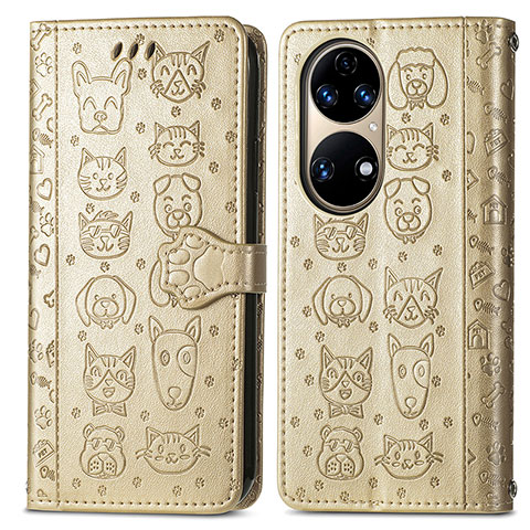 Custodia Portafoglio In Pelle Fantasia Modello Cover con Supporto S03D per Huawei P50 Oro