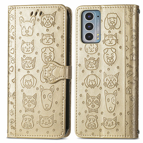 Custodia Portafoglio In Pelle Fantasia Modello Cover con Supporto S03D per Motorola Moto Edge Lite 5G Oro