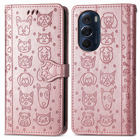 Custodia Portafoglio In Pelle Fantasia Modello Cover con Supporto S03D per Motorola Moto Edge Plus (2022) 5G Oro Rosa