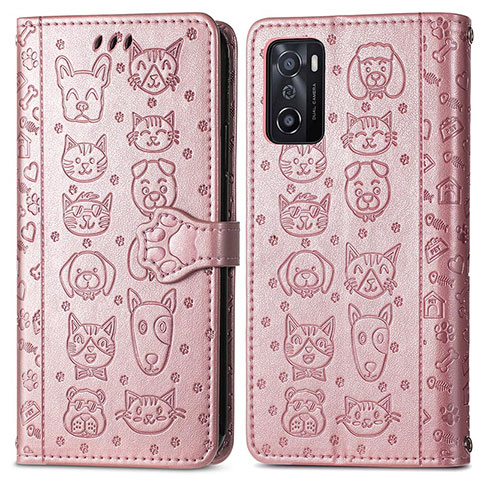 Custodia Portafoglio In Pelle Fantasia Modello Cover con Supporto S03D per Oppo A55S 5G Oro Rosa