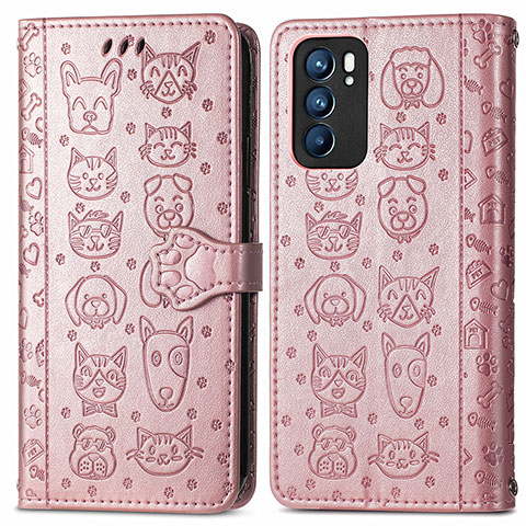 Custodia Portafoglio In Pelle Fantasia Modello Cover con Supporto S03D per Oppo Reno6 5G Oro Rosa