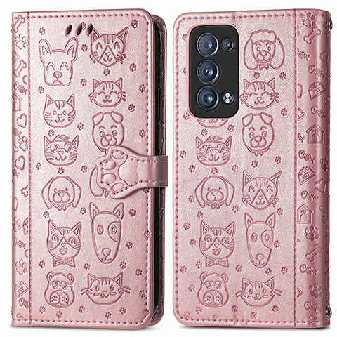 Custodia Portafoglio In Pelle Fantasia Modello Cover con Supporto S03D per Oppo Reno6 Pro 5G Oro Rosa