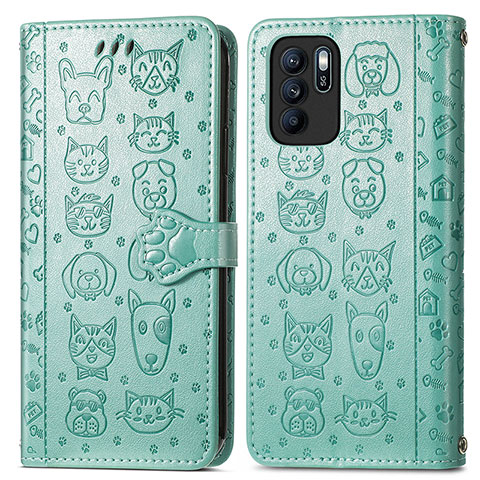 Custodia Portafoglio In Pelle Fantasia Modello Cover con Supporto S03D per Oppo Reno6 Z 5G Verde