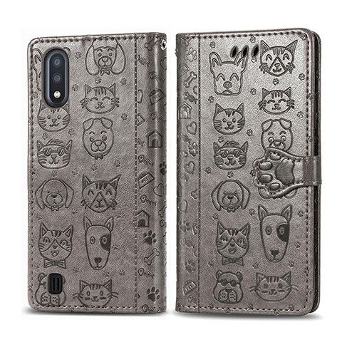 Custodia Portafoglio In Pelle Fantasia Modello Cover con Supporto S03D per Samsung Galaxy A01 SM-A015 Grigio