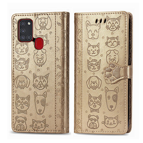 Custodia Portafoglio In Pelle Fantasia Modello Cover con Supporto S03D per Samsung Galaxy A21s Oro