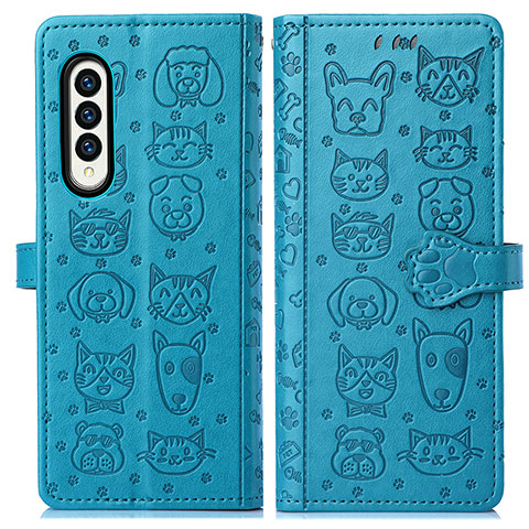 Custodia Portafoglio In Pelle Fantasia Modello Cover con Supporto S03D per Samsung Galaxy Z Fold3 5G Blu