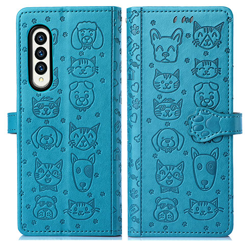 Custodia Portafoglio In Pelle Fantasia Modello Cover con Supporto S03D per Samsung Galaxy Z Fold4 5G Blu