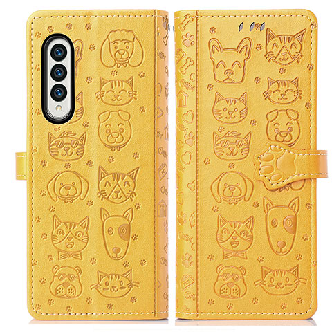 Custodia Portafoglio In Pelle Fantasia Modello Cover con Supporto S03D per Samsung Galaxy Z Fold4 5G Giallo