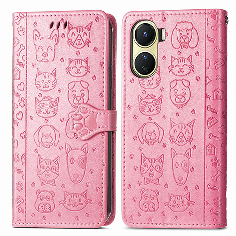 Custodia Portafoglio In Pelle Fantasia Modello Cover con Supporto S03D per Vivo Y02S Rosa