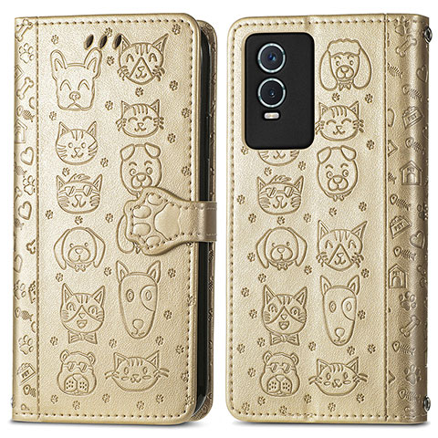 Custodia Portafoglio In Pelle Fantasia Modello Cover con Supporto S03D per Vivo Y74s 5G Oro