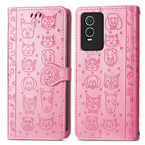 Custodia Portafoglio In Pelle Fantasia Modello Cover con Supporto S03D per Vivo Y74s 5G Rosa