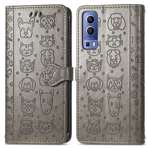 Custodia Portafoglio In Pelle Fantasia Modello Cover con Supporto S03D per Vivo Y75s 5G Grigio