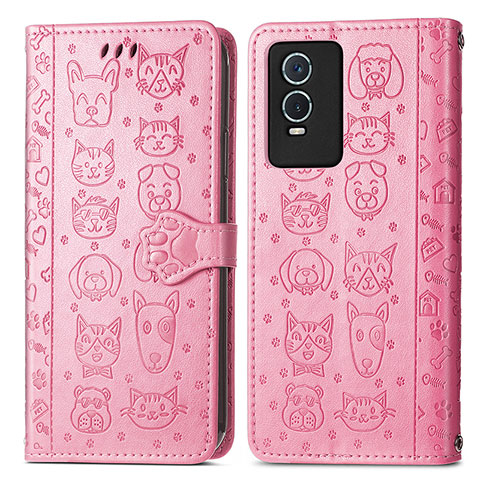 Custodia Portafoglio In Pelle Fantasia Modello Cover con Supporto S03D per Vivo Y76s 5G Rosa