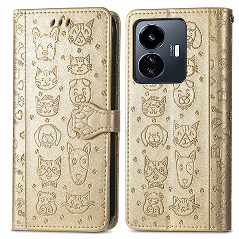 Custodia Portafoglio In Pelle Fantasia Modello Cover con Supporto S03D per Vivo Y77 5G Oro