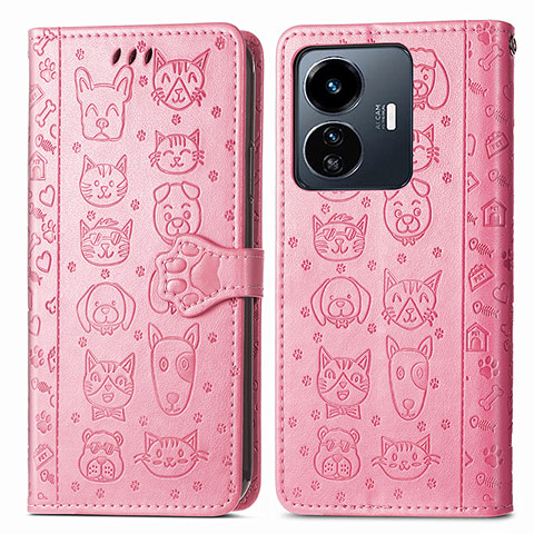 Custodia Portafoglio In Pelle Fantasia Modello Cover con Supporto S03D per Vivo Y77 5G Rosa