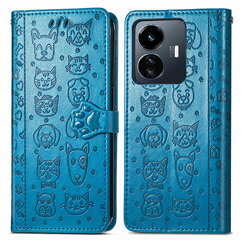 Custodia Portafoglio In Pelle Fantasia Modello Cover con Supporto S03D per Vivo Y77e 5G Blu