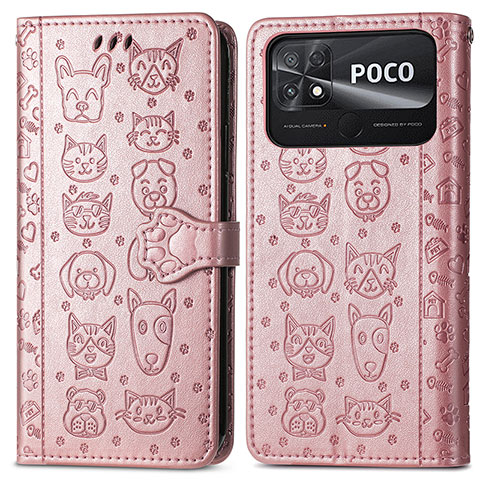 Custodia Portafoglio In Pelle Fantasia Modello Cover con Supporto S03D per Xiaomi Poco C40 Oro Rosa