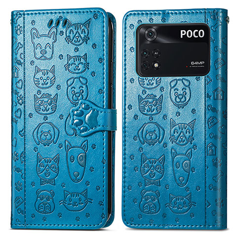 Custodia Portafoglio In Pelle Fantasia Modello Cover con Supporto S03D per Xiaomi Poco M4 Pro 4G Blu