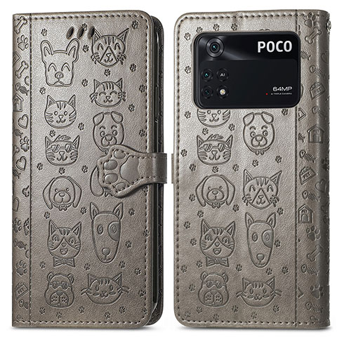 Custodia Portafoglio In Pelle Fantasia Modello Cover con Supporto S03D per Xiaomi Poco M4 Pro 4G Grigio